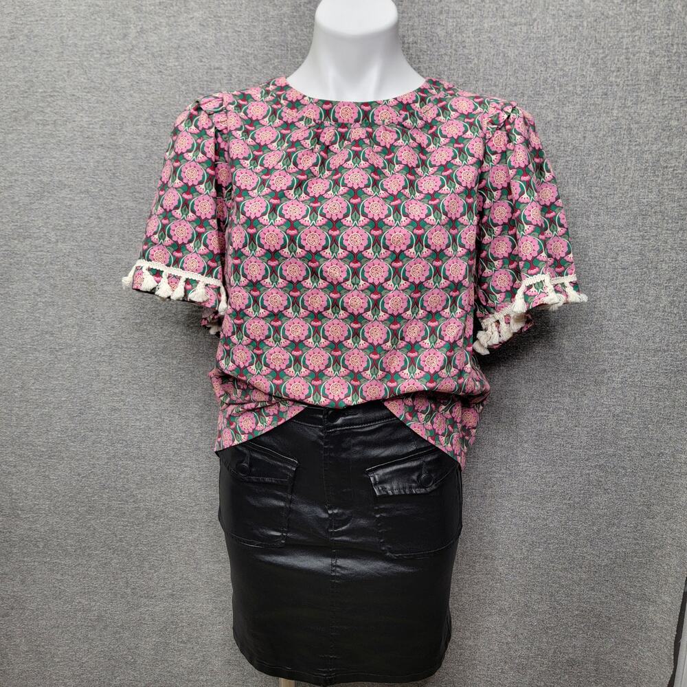 VOY FLORAL BLOUSE WITH TASSEL SLEEVES, SIZE L, NWT *